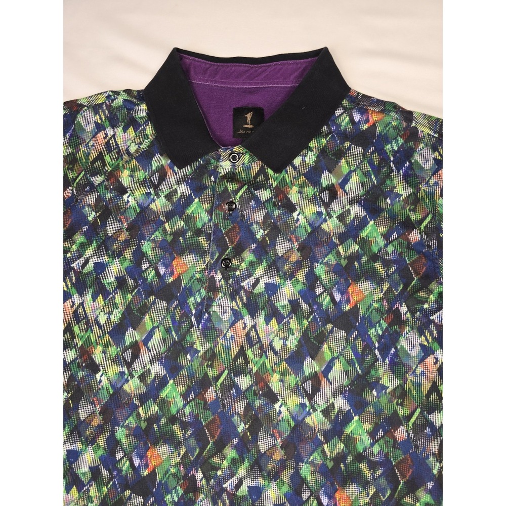 Like No Other Colorful‎ Geometric Print Polo Shirt Black Collar Size L